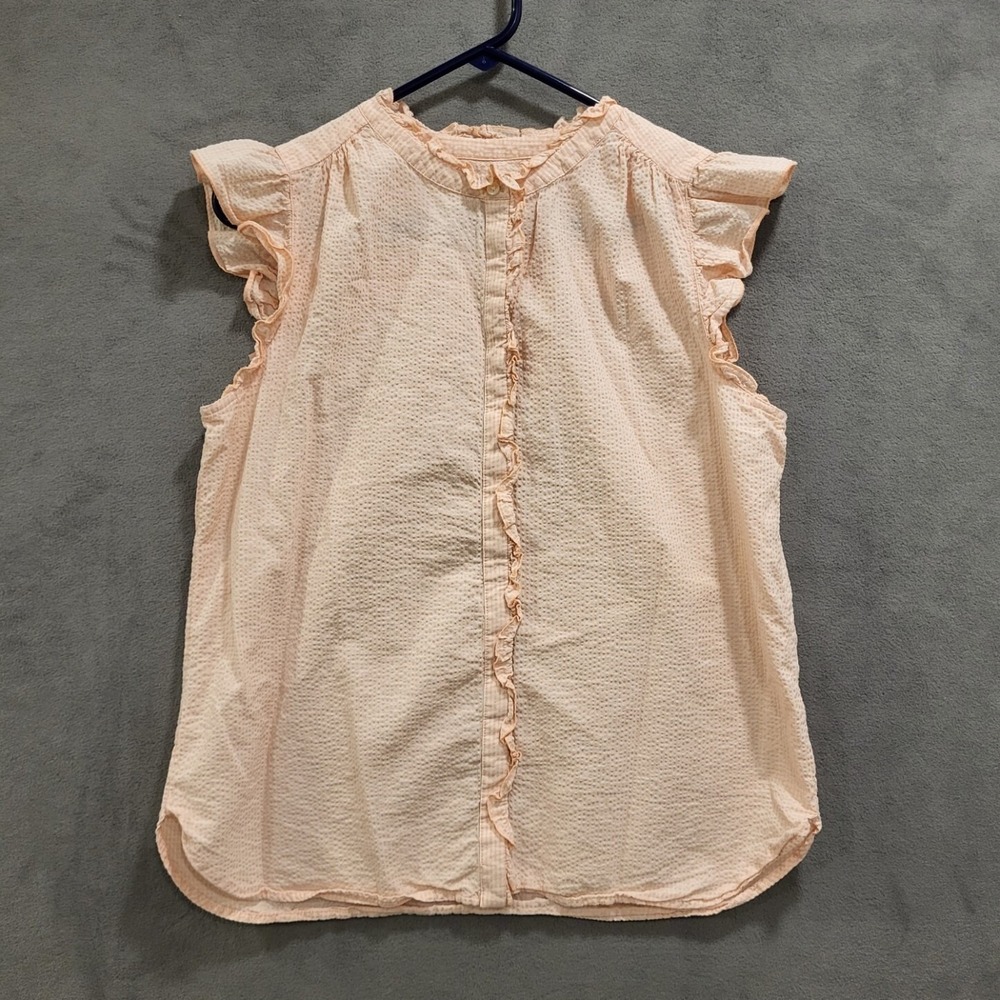LOFT Sleeveless Button Up Top Blouse‎ Size Medium Stripe Ruffle Shirt Office